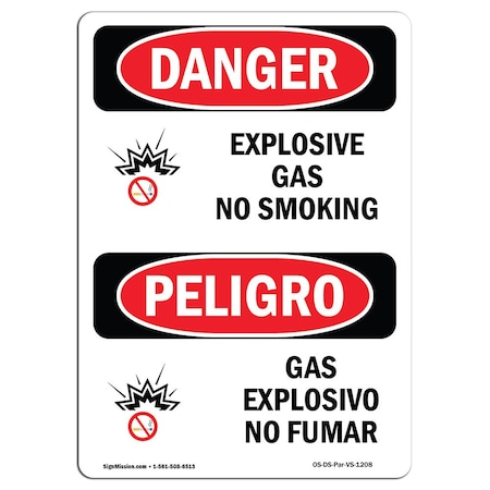 Signmission OSHA Sign, Explosive Gas No Smoking Bilingual, 10in X 7in Aluminum, 7" W, 10" L, Bilingual Spanish OS-DS-A-710-VS-1208